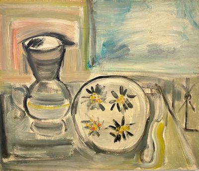a painting of a vase and a plate on a table