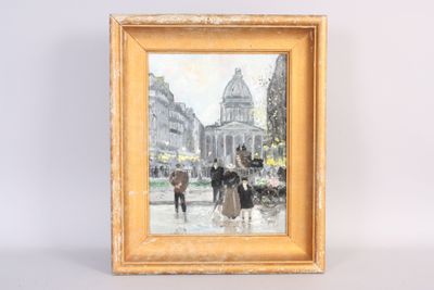 an oil painting of people walking in the rain on a city street