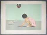a painting of a little girl playing with a bird