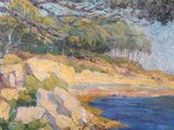 a painting of a tree on a cliff by the water