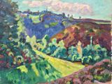 une peinture à l'huile représentant un paysage avec des collines et des arbres en arrière-plan