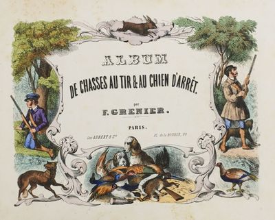 un vieux livre sur lequel figurent un chien et un homme armé d'un pistolet