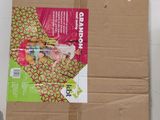 a cardboard box that has a picture of a woman on it