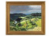 an oil painting of a landscape with hills and houses in the distance