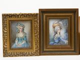 three framed paintings of women in blue dresses and hats