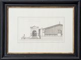 an old drawing of a building with a clock on it