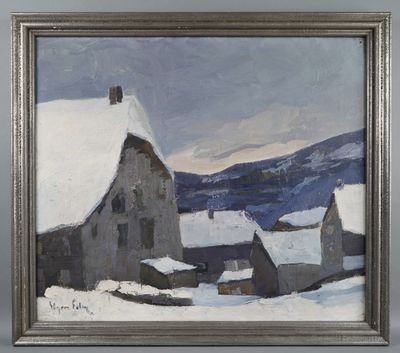 an image of a painting of a farm in the snow