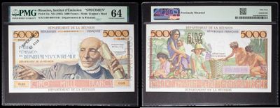 three different types of currency are on display in a display case