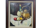tableau représentant une nature morte avec une bouilloire, des pommes et une bouteille de vin