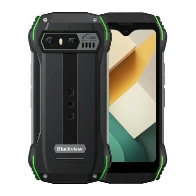 un téléphone Blackview avec des finitions vertes et un fond blanc