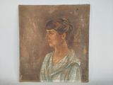 an old painting of a woman in a blue dress is hanging on a wall