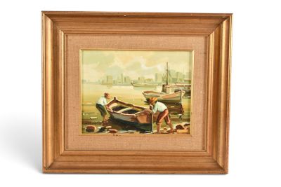 tableau représentant deux hommes debout près d'un bateau sur une plage