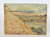 l'image d'un tableau représentant un paysage avec une rivière au premier plan