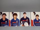 four pictures of a man holding a soccer ball in front of a wall