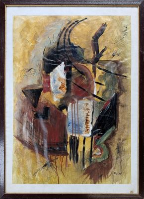 une peinture à l'huile représentant un oiseau perché sur une table, à côté d'un vase