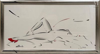 tableau représentant une femme allongée sur un lit, tenant une chaussure rouge à la main