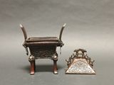 pair of antique chinese bronze incense boxes and stand