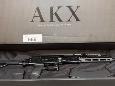 un fusil AKX dans une boîte posée sur un lit