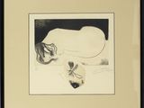 an image of a black and white drawing of a woman laying on the ground