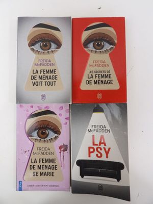 three books on a white table with a picture of a woman ' s eye and a man ' s eye