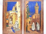deux tableaux représentant une scène de rue où l'on voit un homme et une femme marcher dans la rue