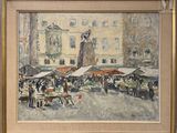 a painting of a street scene with people walking around
