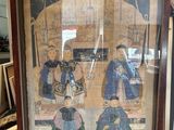 painting of two men sitting on a bench in front of a window