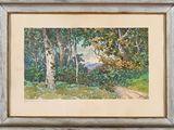 painting of a path in the woods with trees and grass