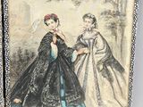 an old picture of two women in formal dress standing next to each other