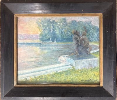 tableau représentant un couple assis sur un banc au bord de l'eau