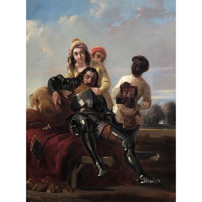 une image représentant un tableau où l'on voit un homme en armure accompagné de deux femmes et d'un chien