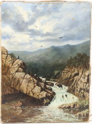 an image of a painting of a waterfall in the mountains