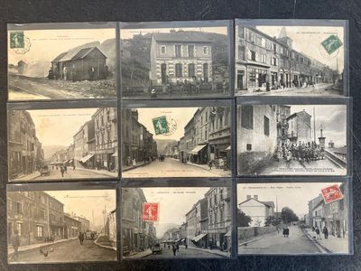 several old black and white photos of a street in a city