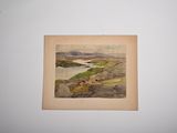 an old picture of a painting of a mountain scene with a river in the distance