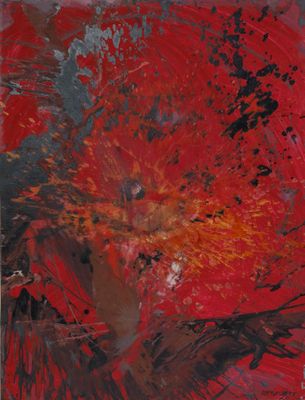 une peinture abstraite représentant une fleur rouge sur fond noir