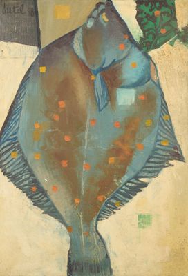 tableau représentant un poisson posé sur une table, avec une plante en arrière-plan