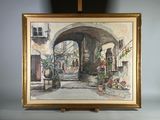 une peinture à l'huile représentant une cour avec des plantes en pot posées sur un chevalet