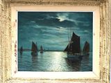 a painting of boats on the water at night