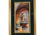 an oil painting of a fountain in a building with a gold frame