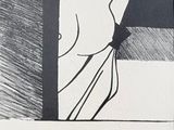 une affiche en noir et blanc représentant une femme regardant par la fenêtre