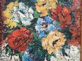 une peinture à l'huile représentant un vase de fleurs sur une table