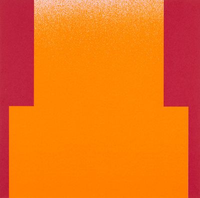an orange and red painting with squares on it