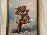painting of two cherensils in a frame with clouds in the background