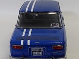 a blue toy car with a white stripe on it