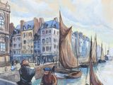 un tableau représentant un couple assis sur un rebord au bord de l'eau