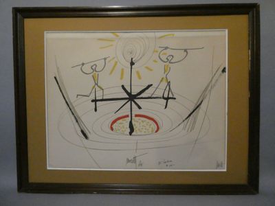 tableau encadré représentant un dessin de trois personnes dans un bol d'eau