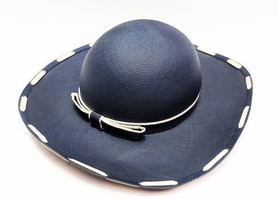 un chapeau bleu à pois blancs