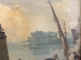 an old painting of a lighthouse on the water with a boat in the foreground