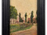 an image of a painting of a country road in a black frame