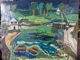 un tableau représentant deux bateaux au bord d'un lac